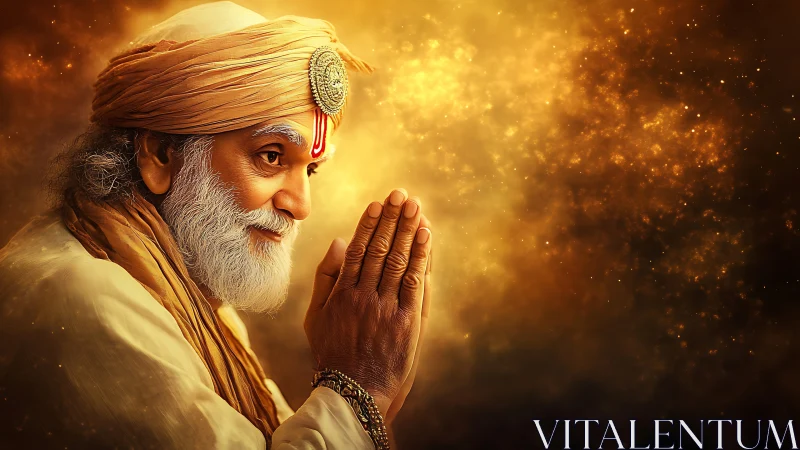 Elderly spiritual guru in golden light with folded hands.