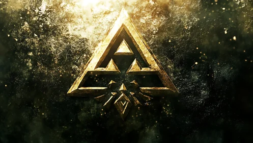 Golden tri-force crest blazing through cosmic duststorm.