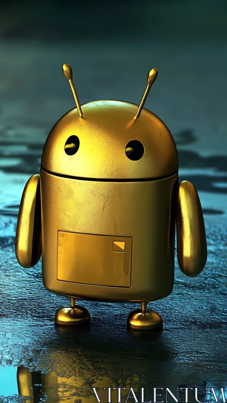 Golden android mascot standing on wet reflective ground.