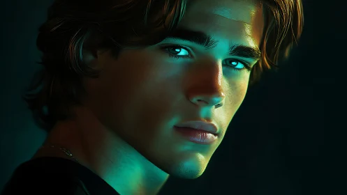Digital male portrait with teal rim lighting on dark background.