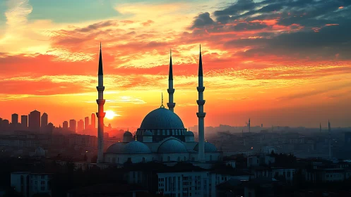 Sunset silhouettes mosque domes and minarets over city skyline