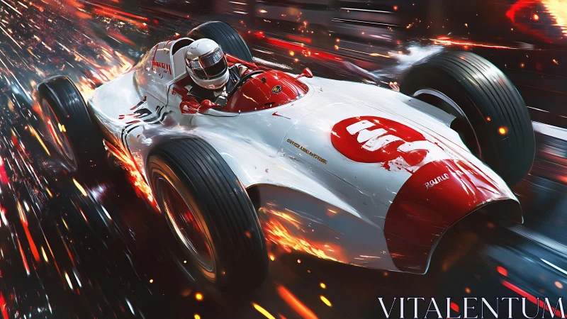 Retro-futurist race car accelerates through incendiary motion blur