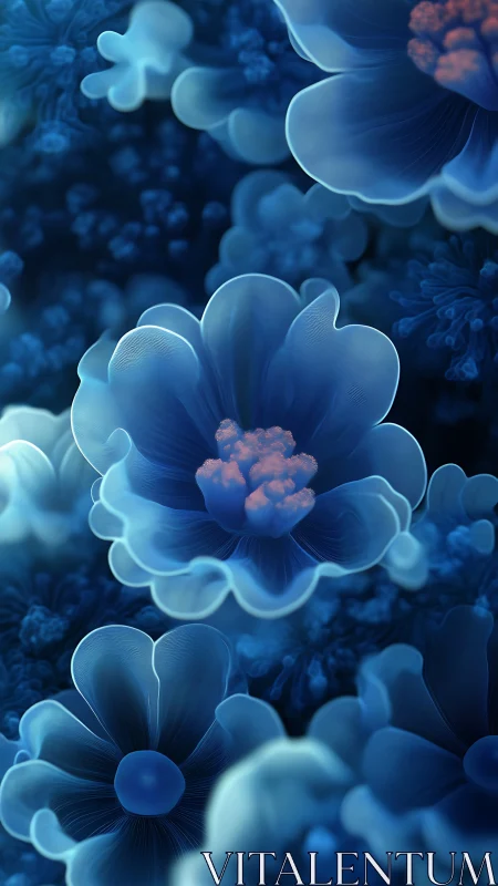 Dreamy blue blossoms glow gently in a soft underwater haze