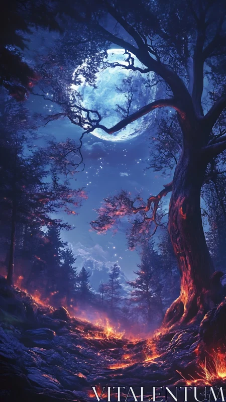 Nocturnal Forest Scene With Luminous Moon and Fire Base.