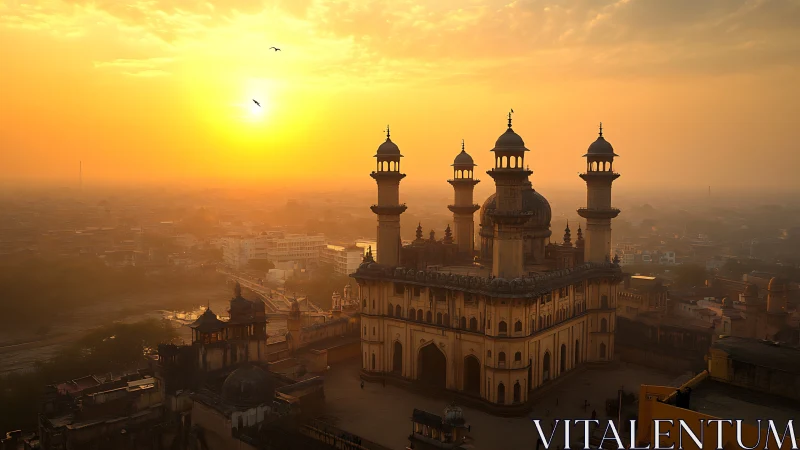 Historic mosque and city skyline under orange sunset light.