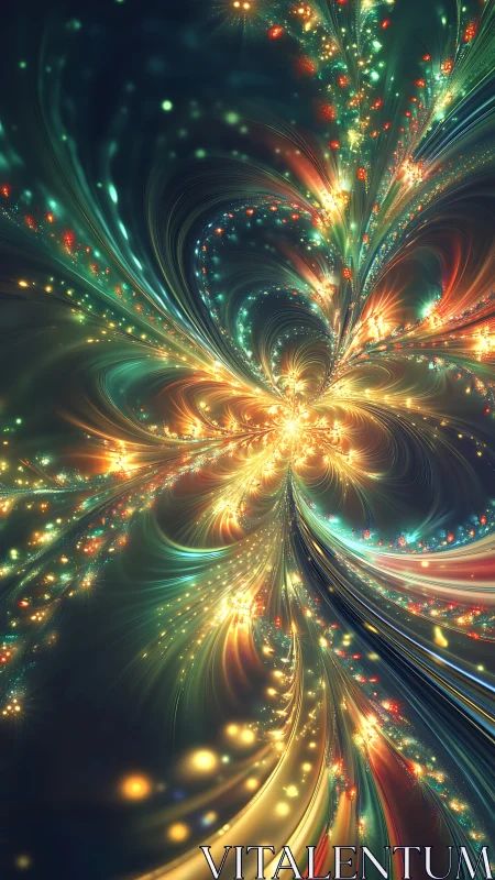 Fractal light streams curve outward forming glowing particle arcs