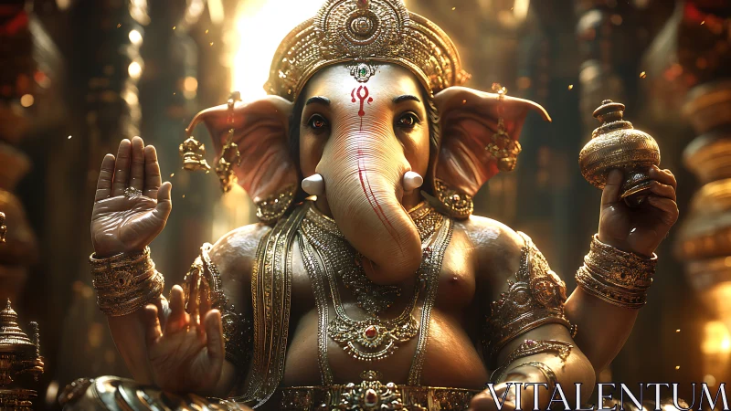 Golden Ganesha idol glows under dramatic temple light.