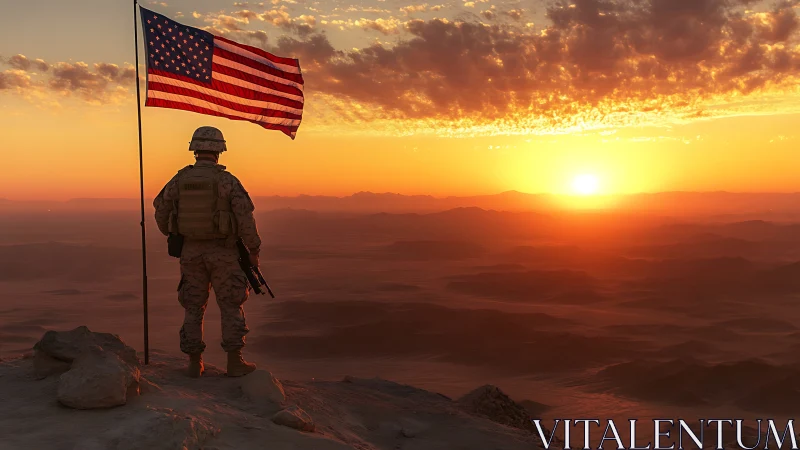 Armed soldier silhouetted beside US flag at desert sunrise