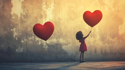 Child holding heart-shaped balloons against atmospheric background