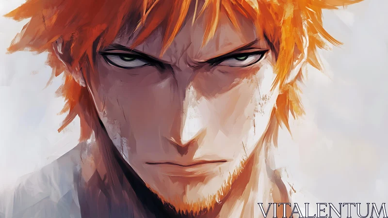 Storm-browed orange warrior glaring through painted silence.