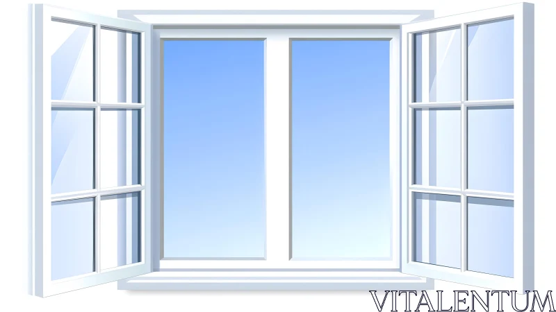 Open white-framed window illustration with clear blue sky background. Open white-framed window illustration with clear blue sky background.