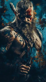 Bearded warrior holds knife against abstract blue backdrop