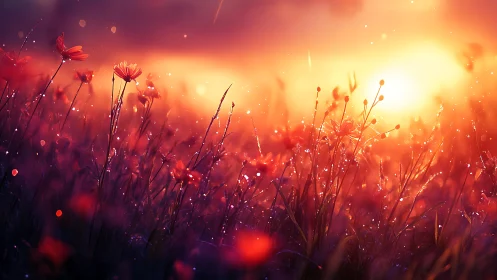 Backlit wildflower field under intense warm sunset glow.