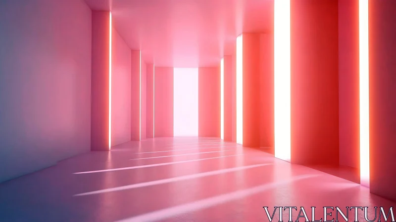 Pink neon hallway with vertical light panels and columns.