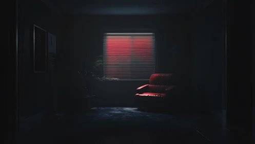 Red leather sofa under neon window glow in dark room.