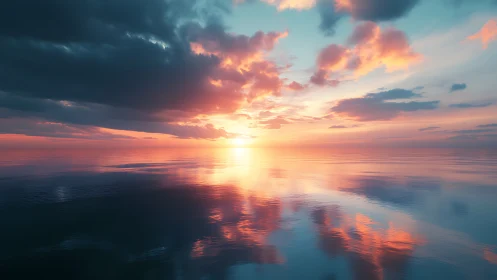 Symmetric ocean sunset renders chromatic cloud reflections
