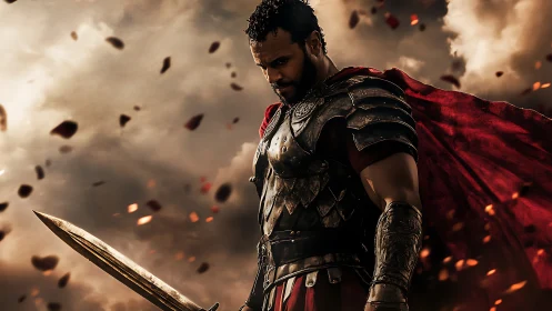 Armored warrior stands with sword amid flying embers