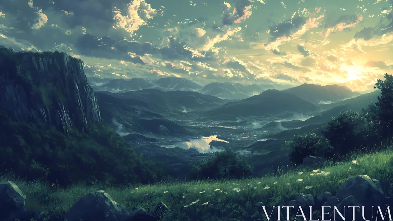 Sunlit mountain valley landscape overlooks distant river basin