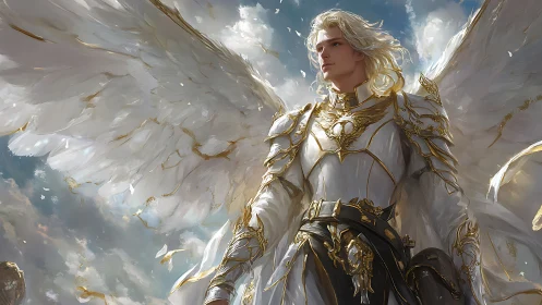 Winged armored figure in white and gold against cloudy sky.