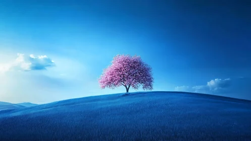Isolated pink blossom tree on luminously graded cyan hill.