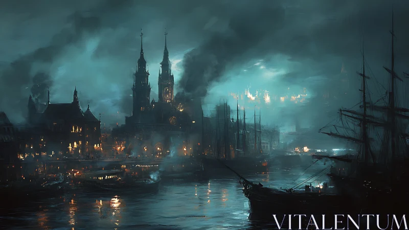 Harbor city skyline is rendered with ships under dense fog