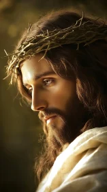 Side-lit bearded man in thorn crown with soft golden bokeh.