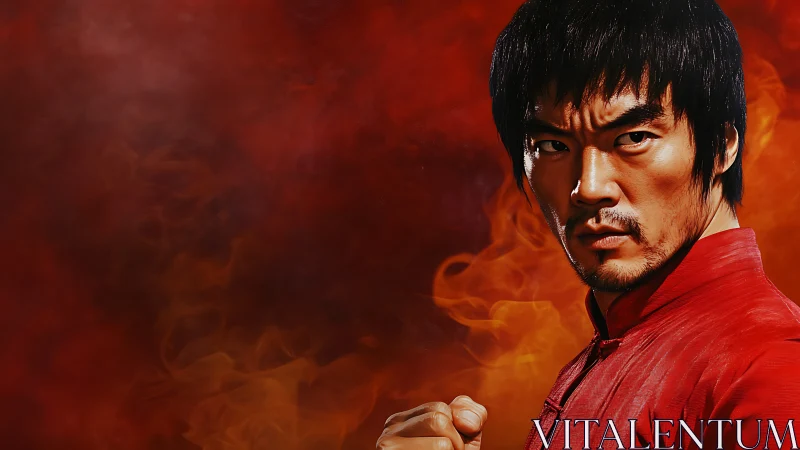 Martial artist portrait against blazing red smoke background.
