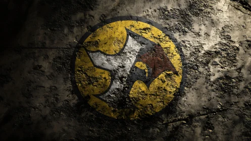 Weathered eagle crest emblem on corroded metal surface.