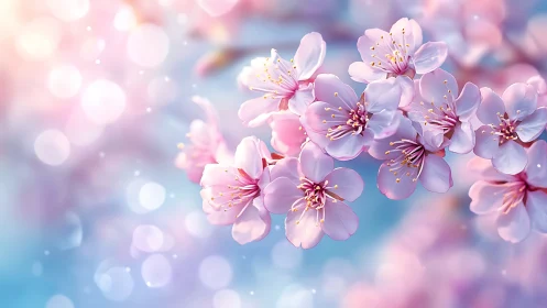 Delicate Cherry Blossoms in Soft Focus with Golden Stamens