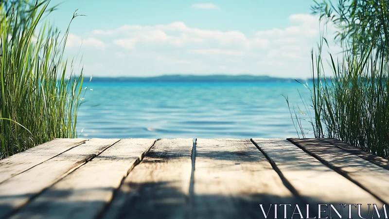Sunlit wooden dock opens onto a tranquil blue lakeshore