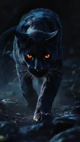 Black panther stalks forward through smoky ember-lit shadows