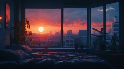Interior bedroom scene overlooks urban sunset skyline