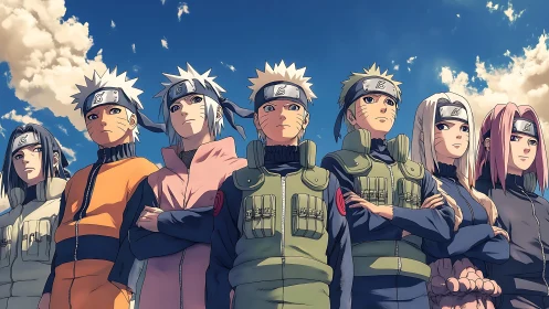 Group of anime ninja characters stand together under sky