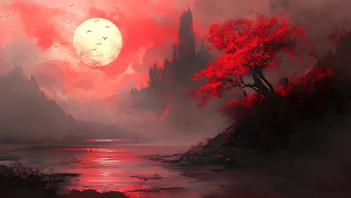 Bloodmoon river glows beneath crimson dreamtree and spires.
