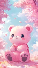 Soft pink plush bear under cherry blossoms in pastel sky scene