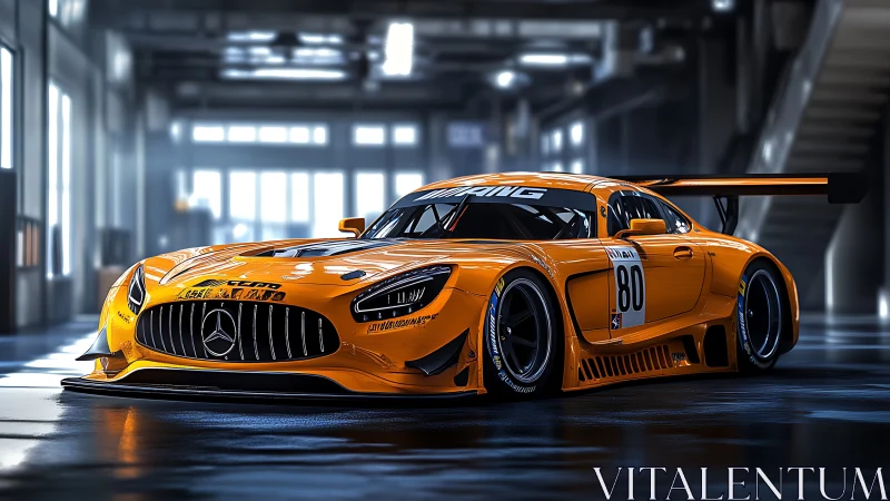 Track-ready orange GT3 race car rendered in dramatic lighting