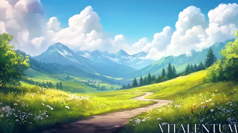 Sunlit alpine valley with winding path and distant peaks.