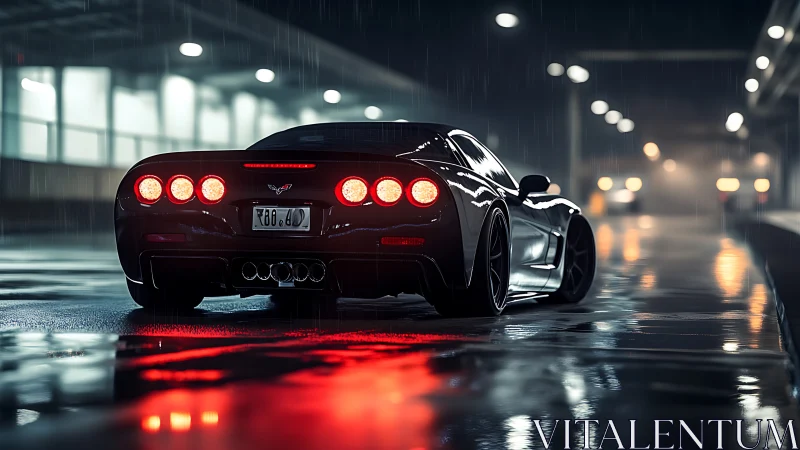 Sleek sports car idles in neon reflections on a rainy night