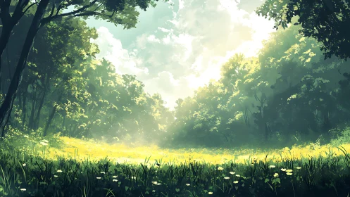 Sunlit Forest Clearing with Canopy Backlighting and Wildflower Meadow