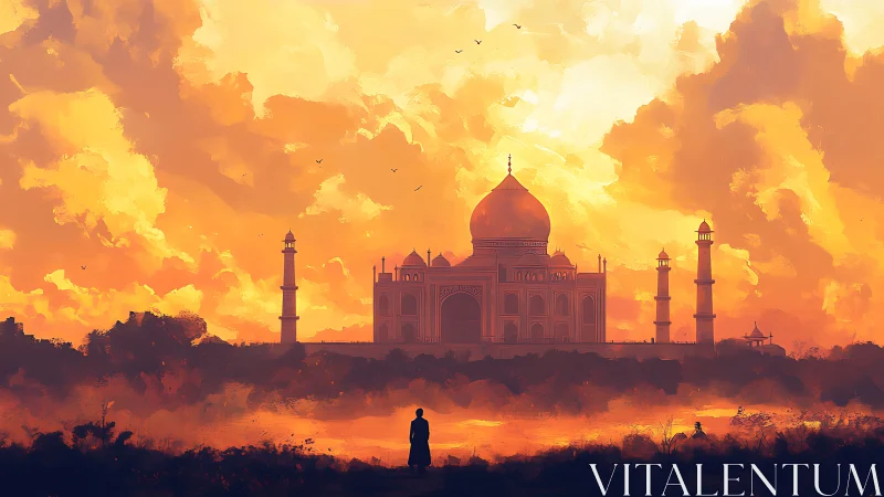 Taj Mahal silhouette under blazing orange sunset sky.