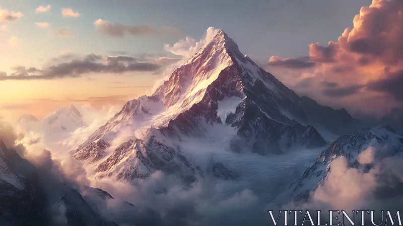 Digital painting of alpine summit under dramatic sunset light.
