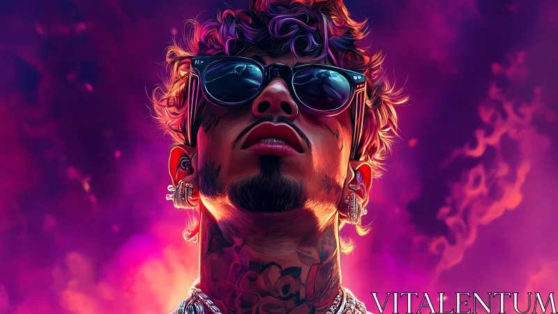Neon backlit portrait renders stylized tattooed man with glossy shades