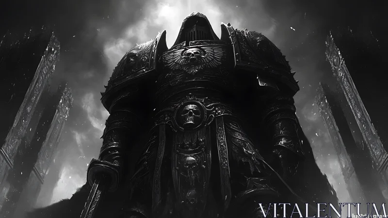 Towering armored knight in gothic black and white scene.