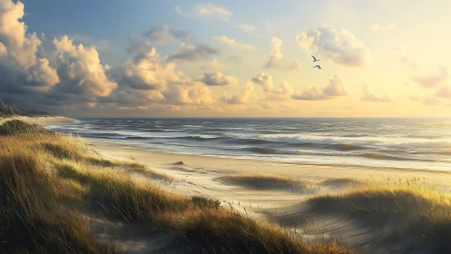 Coastal dune system under low-angle sunset illumination.