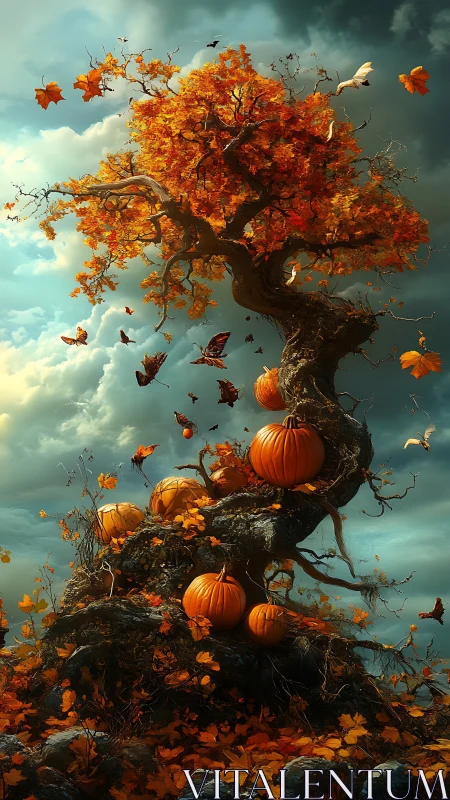 Golden autumn tree cradles glowing pumpkins in swirling wind