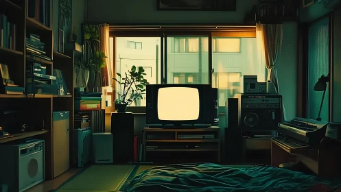 Retro CRT television anchors moody, neon-lit bedroom interior