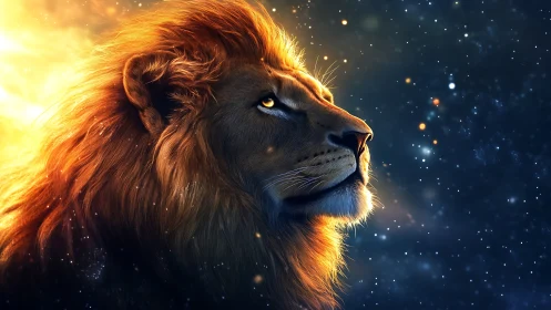 Stellar backlit lion profile in luminous cosmic nebula glow