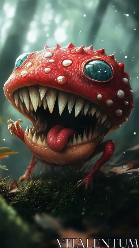 Whimsical forest monster grins wide in misty woodland light