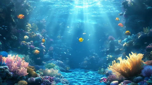 Sunlit coral kingdom shimmers while curious reef fish wander