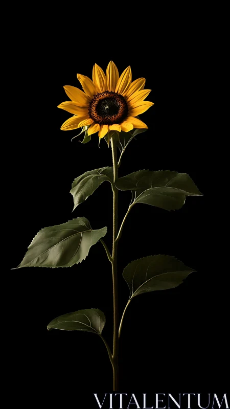 Golden sunflower with dark burgundy center against black.